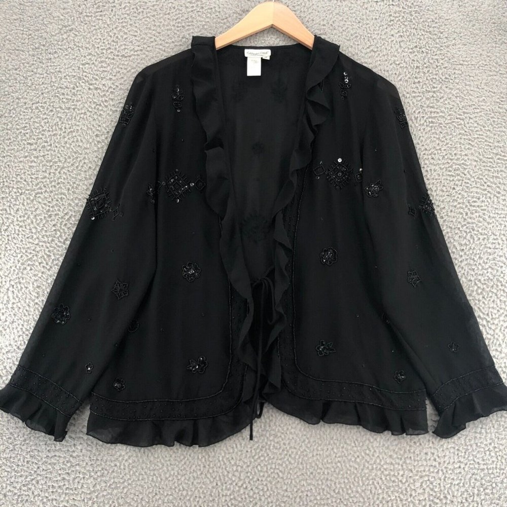 Coldwater Creek Top Womens 16 Black Open Tied Ruffle Beaded Long Sleeve Layer